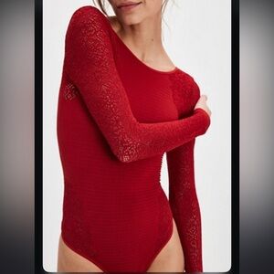 Free People Red Long Sleeve Textured Bodysuit